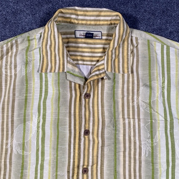 Tommy Bahama Other - Vintage Tommy Bahama  Striped Crab Embossed Silk Loop Collar Camp Shirt Mens L